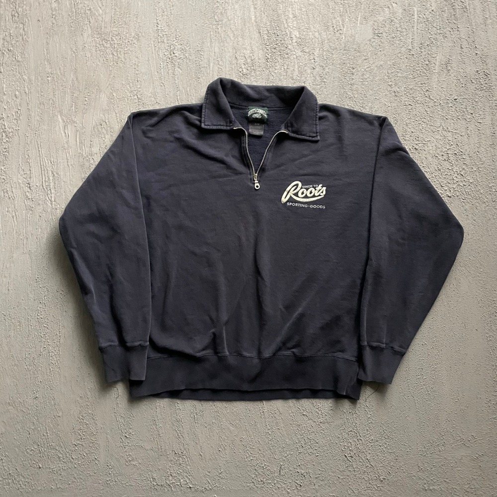 Vintage Roots Sporting Goods 1/4 Zip Sweatshirt Mens Large Navy 90s Roots Canada